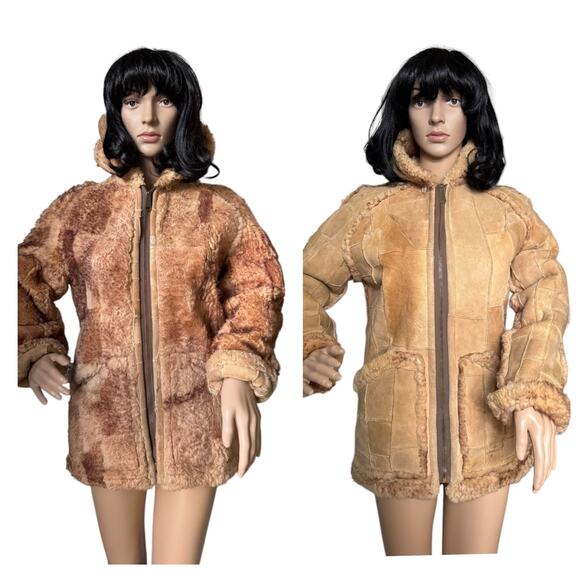 1970s Unbranded Patchwork Shearling Hooded reversable Coat size small - Picture 3 of 17